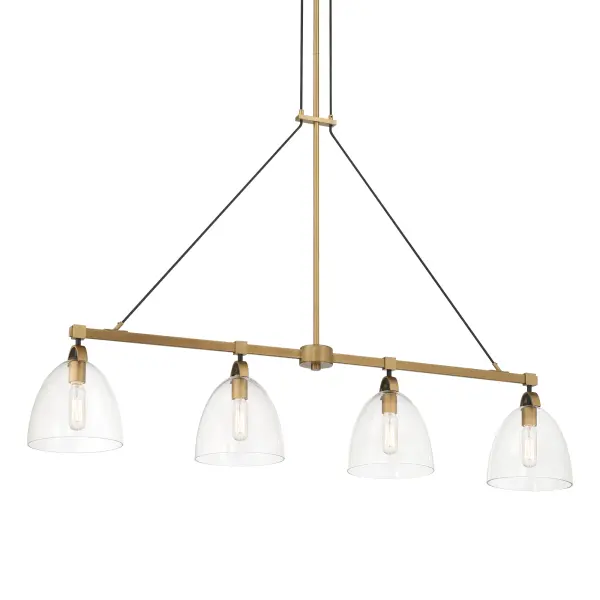 The Sommersby 46" island light combines Legacy Brass and Matte Black finishes with clear glass shades for a sophisticated transitional look. Perfect for kitchen islands and dining tables, this 4-light fixture provides ample illumination while making a bold design statement.