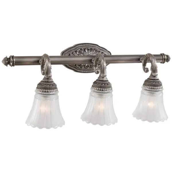 The Europa Bath 3-Light vanity fixture delivers traditional styling with a versatile brushed nickel finish and etched clear glass shades. At 25.5 inches wide, it provides ample illumination for medium to large vanities.