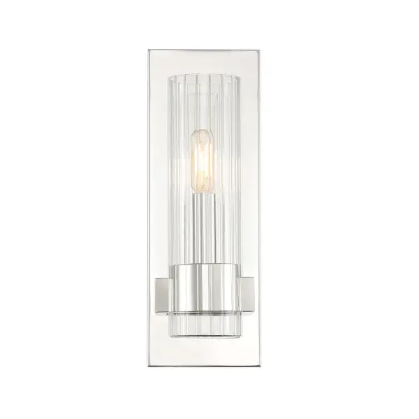 The Vernon Place bath sconce combines traditional ribbed glass with contemporary chrome finish for versatile bathroom lighting. Its compact 5-inch width makes it ideal for smaller vanities or flanking mirrors. - alternate view