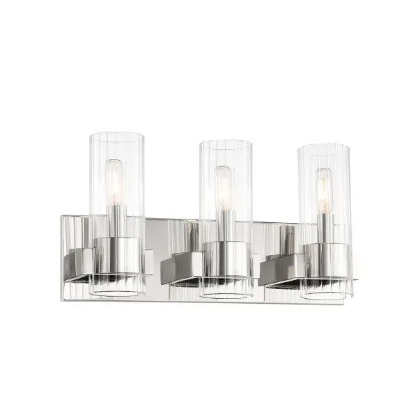 The Vernon Place 3-Light Bath Vanity combines timeless chrome finish with clear ribbed glass for sophisticated bathroom lighting. Its 18-inch width makes it ideal for standard vanities, while dimmable functionality offers versatile ambiance control.