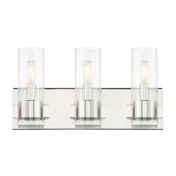 The Vernon Place 3-Light Bath Vanity combines timeless chrome finish with clear ribbed glass for sophisticated bathroom lighting. Its 18-inch width makes it ideal for standard vanities, while dimmable functionality offers versatile ambiance control. - alternate view