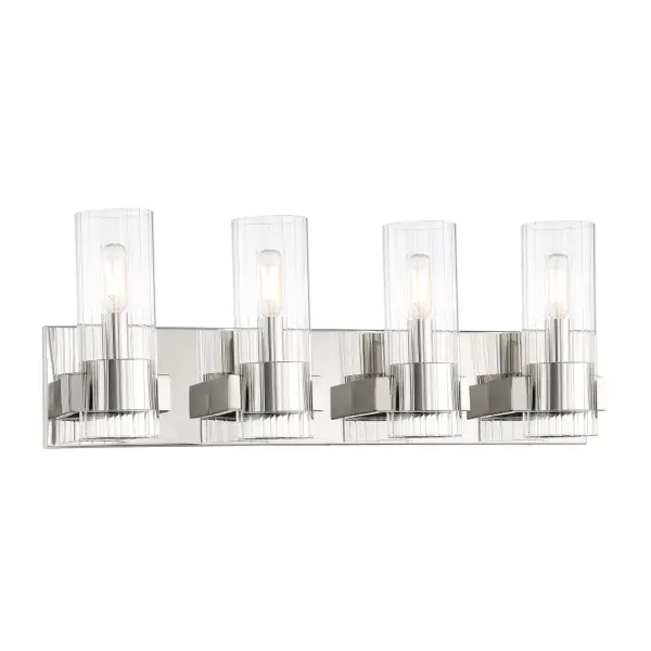 The Vernon Place 4-Light Bath Vanity combines transitional elegance with practical illumination. Its 24.5-inch width and chrome finish make it ideal for medium to large vanities, while clear ribbed glass shades add texture and visual interest.