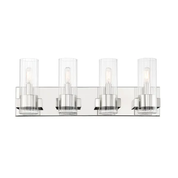 The Vernon Place 4-Light Bath Vanity combines transitional elegance with practical illumination. Its 24.5-inch width and chrome finish make it ideal for medium to large vanities, while clear ribbed glass shades add texture and visual interest. - alternate view