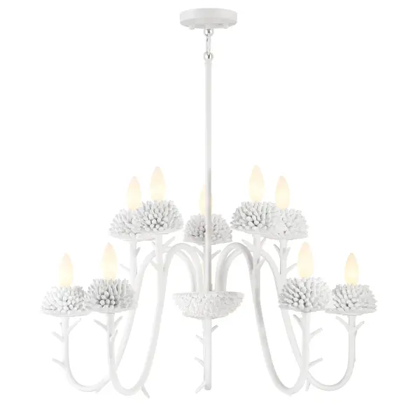 Robin Baron's North Fork chandelier brings sophisticated coastal style with its sand white finish and two-tier design. The 30-inch width and 10-light configuration create dramatic illumination perfect for dining rooms and entryways.