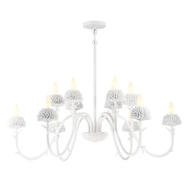 Robin Baron's North Fork chandelier brings sophisticated coastal style with its 12-light two-tier design in Sand White. The 38-inch width makes a statement in larger spaces while maintaining an airy, organic aesthetic perfect for modern interiors.