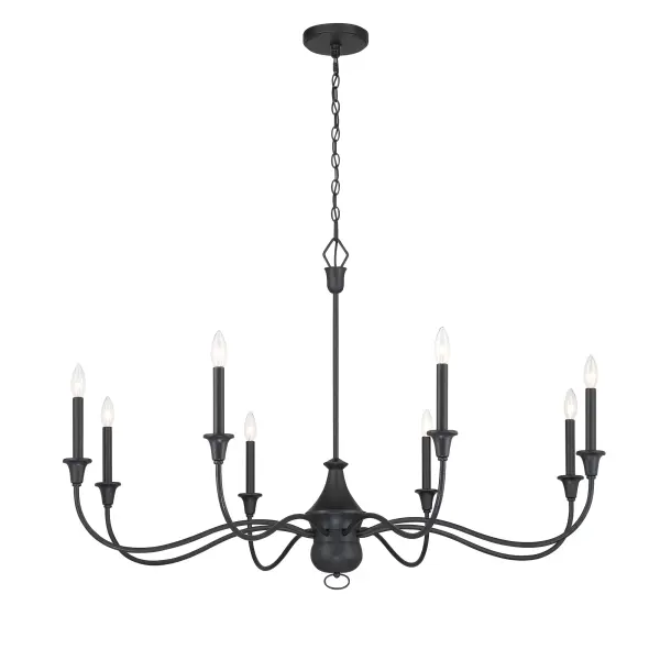 The Halifax County 8-Light Chandelier commands attention with its impressive 48-inch width and textured coal black finish. This substantial fixture combines traditional design with farmhouse charm, perfect for large dining spaces and grand entryways.