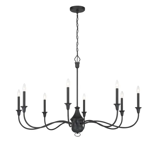 The Halifax County 8-Light Chandelier commands attention with its impressive 48-inch width and textured coal black finish. This substantial fixture combines traditional design with farmhouse charm, perfect for large dining spaces and grand entryways. - alternate view