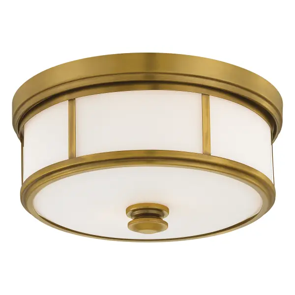 This traditional 3-light flush mount combines a warm Liberty Gold finish with etched opal glass for soft, even illumination. Ideal for low-ceiling spaces, it provides ample light while maintaining a compact 7-inch profile.