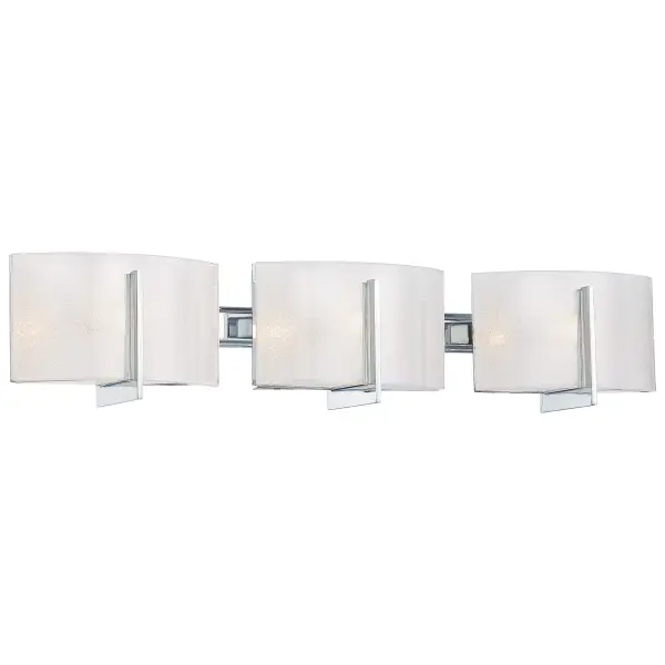 The Clarté 3-Light Bath fixture combines polished chrome with white iris glass for a clean, sophisticated look. At 26.75 inches wide, it's perfectly sized for medium vanities and provides balanced illumination.