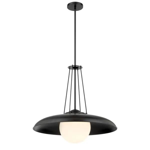 The Schooner Ridge pendant makes a dramatic statement with its generous 24-inch width and sophisticated coal black finish. The etched opal glass diffuses light beautifully while the modern steel construction adds industrial edge.