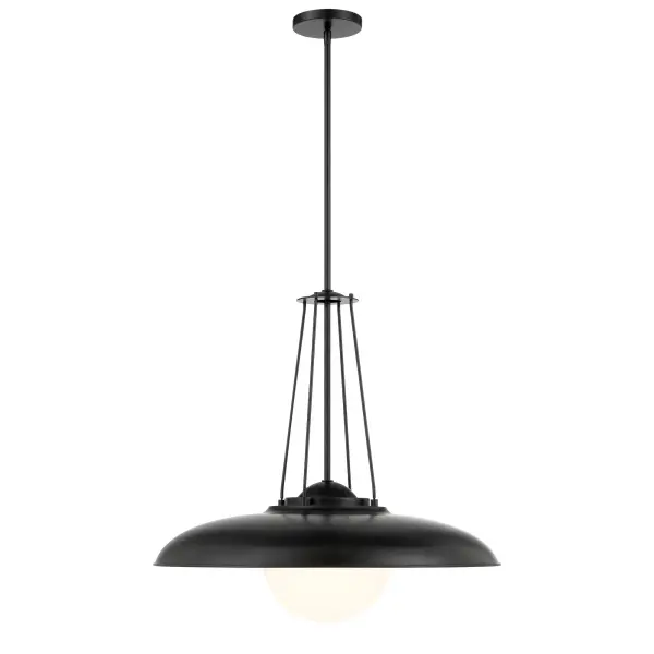 The Schooner Ridge pendant makes a dramatic statement with its generous 24-inch width and sophisticated coal black finish. The etched opal glass diffuses light beautifully while the modern steel construction adds industrial edge. - alternate view