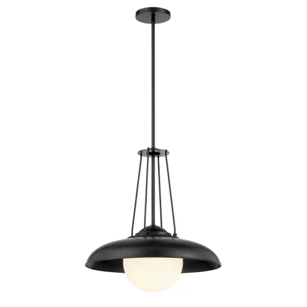 The Schooner Ridge pendant combines clean modern lines with industrial charm. Its 18-inch etched opal glass shade provides soft, even illumination while the coal black finish adds contemporary sophistication to any space.