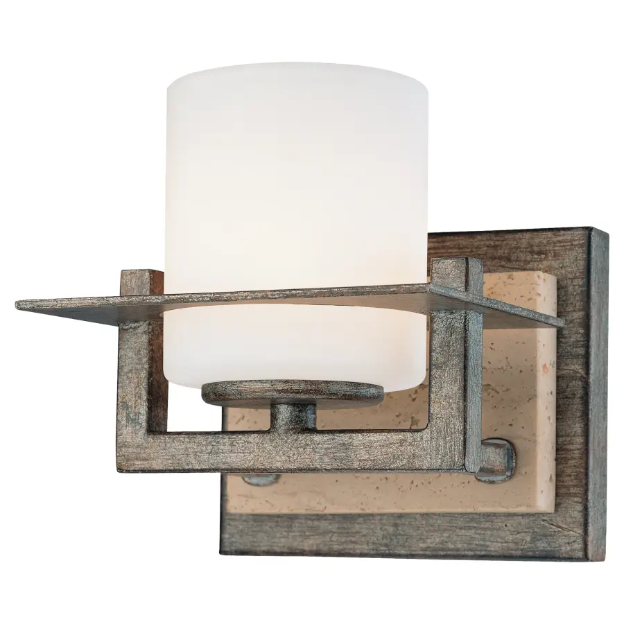 Compositions 1-Light Bath Sconce in Aged Patina Iron with Travertine Stone