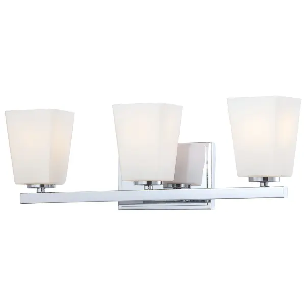 The City Square 3-Light Bath Vanity Light delivers traditional elegance with its polished chrome finish and etched opal glass shades. At 20.75 inches wide, it provides excellent illumination for medium-sized vanities while maintaining a clean, classic aesthetic.