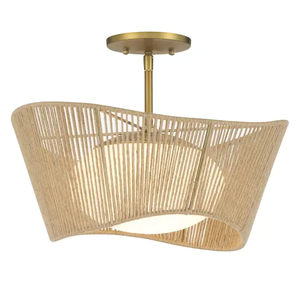 The Key Largo brings nautical charm to any space with its soft brass finish, etched opal glass, and rope accent. Perfect for low ceilings, this compact semi-flush delivers warm, diffused light ideal for bedrooms and bathrooms.