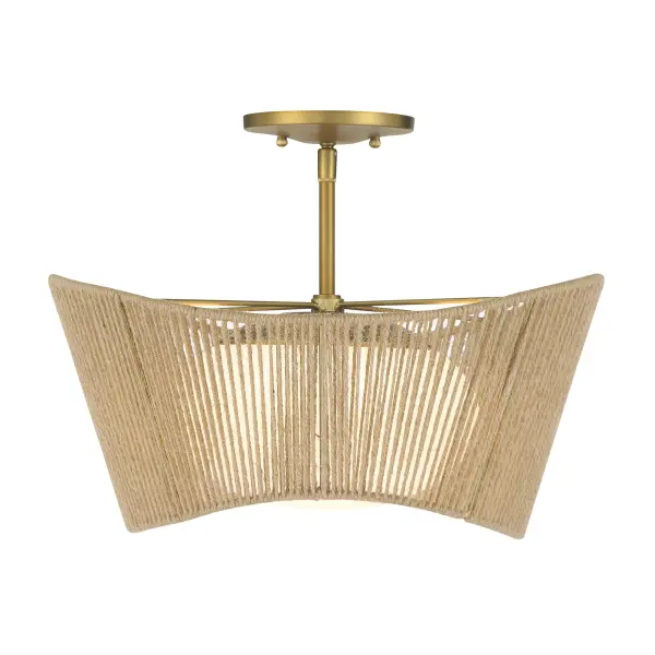 The Key Largo brings nautical charm to any space with its soft brass finish, etched opal glass, and rope accent. Perfect for low ceilings, this compact semi-flush delivers warm, diffused light ideal for bedrooms and bathrooms. - alternate view