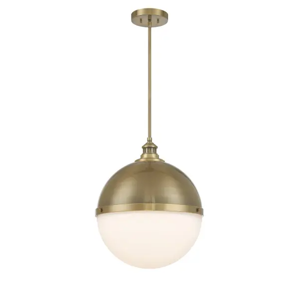 The Vorey pendant combines contemporary design with timeless appeal through its oxidized aged brass finish and etched opal glass shade. The 17-inch diameter provides substantial presence while the warm metallic tones add sophistication to modern and transitional spaces.
