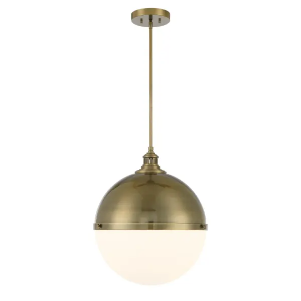 The Vorey pendant combines contemporary design with timeless appeal through its oxidized aged brass finish and etched opal glass shade. The 17-inch diameter provides substantial presence while the warm metallic tones add sophistication to modern and transitional spaces. - alternate view