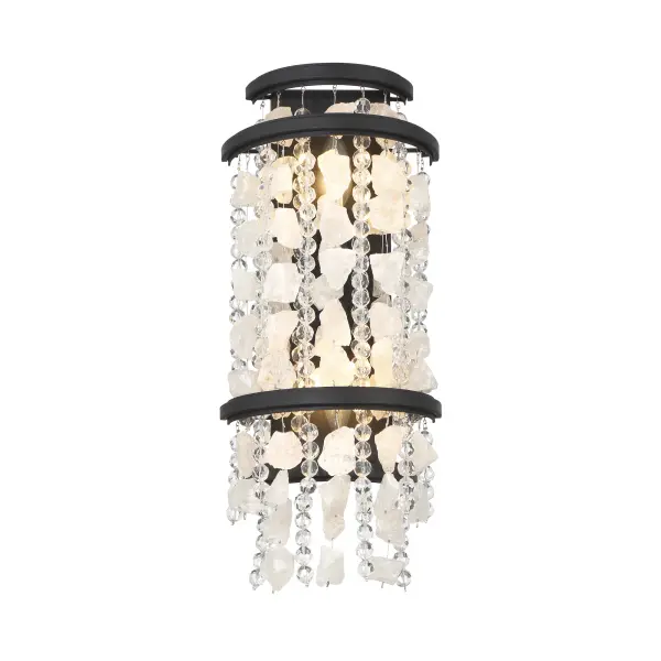 The Shimmering Elegance wall sconce combines contemporary styling with luxurious crystal detailing. Its sand coal black finish provides dramatic contrast to the quartz crystalline and cut glass beads, creating elegant light diffusion. - alternate view