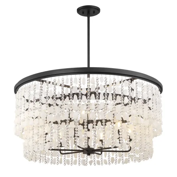 This stunning 36-inch linear chandelier combines modern sophistication with glamorous sparkle. Nine candelabra lights illuminate quartz crystalline and cut glass beads against a Sand Coal Black finish, creating dramatic visual interest.