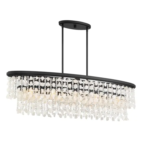 The Shimmering Elegance brings dramatic sophistication to kitchen islands and dining spaces with its 48-inch linear design. Quartz crystalline and cut glass beads cascade beautifully, creating captivating light reflections while the Sand Coal Black finish adds contemporary edge.