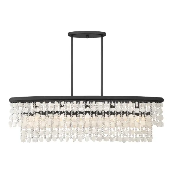The Shimmering Elegance brings dramatic sophistication to kitchen islands and dining spaces with its 48-inch linear design. Quartz crystalline and cut glass beads cascade beautifully, creating captivating light reflections while the Sand Coal Black finish adds contemporary edge. - alternate view