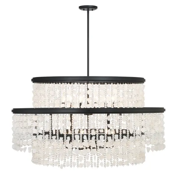 This stunning 12-light chandelier combines contemporary design with luxurious crystal detailing. The 48-inch width and dramatic quartz crystal beads create spectacular light refraction, while the Sand Coal Black finish adds modern sophistication. - alternate view