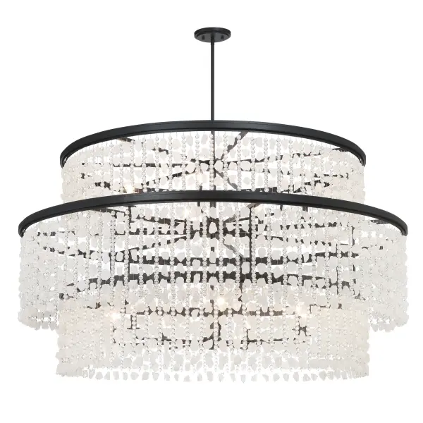 This stunning 60-inch linear chandelier combines traditional crystal elegance with contemporary scale. Fourteen candelabra lights illuminate polished quartz crystalline and cut glass beads, creating spectacular light refraction in a bold Sand Coal Black finish.