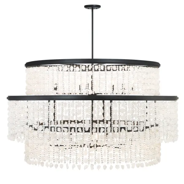 This stunning 60-inch linear chandelier combines traditional crystal elegance with contemporary scale. Fourteen candelabra lights illuminate polished quartz crystalline and cut glass beads, creating spectacular light refraction in a bold Sand Coal Black finish. - alternate view