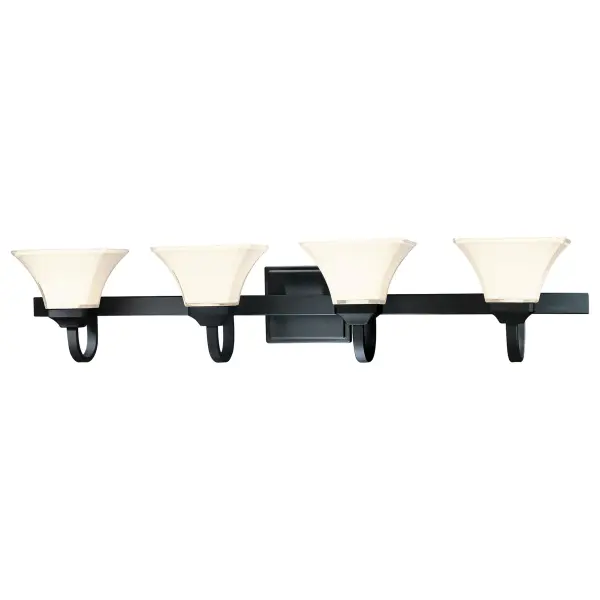The Agilis 4-Light Bath offers a striking 43-inch span perfect for double vanities. Its transitional design pairs Sand Coal Black finish with Lamina Blanca glass shades, creating sophisticated illumination for modern bathrooms.