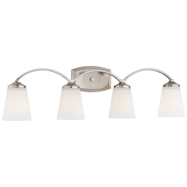 The Overland Park 4-Light Bath Vanity combines brushed nickel elegance with soft etched opal glass for balanced, flattering illumination. Its 30.5-inch width suits medium to large vanities perfectly.
