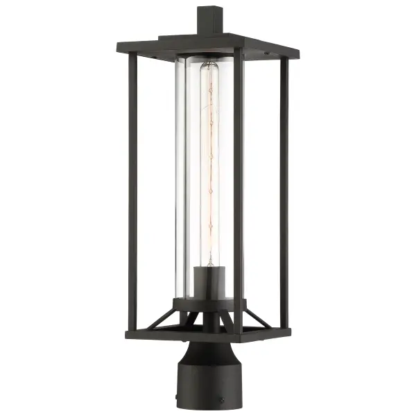 The Trescott post mount combines traditional lantern styling with transitional simplicity. Its Sand Coal Black finish and clear glass shade create welcoming illumination for outdoor pathways and entryways.
