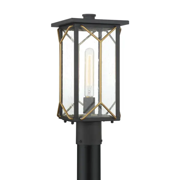 The Hillside Manor outdoor post light combines traditional design with a distinctive sand coal and mystic gold finish. Clear seeded glass creates warm ambient lighting while the compact 8-inch width fits various post sizes.