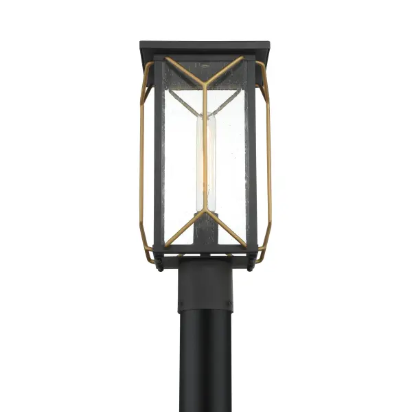 The Hillside Manor outdoor post light combines traditional design with a distinctive sand coal and mystic gold finish. Clear seeded glass creates warm ambient lighting while the compact 8-inch width fits various post sizes. - alternate view