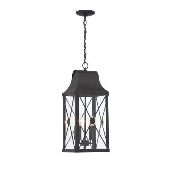 The De Luz outdoor lantern brings traditional elegance to exterior spaces with its oil rubbed bronze finish accented by gold highlights. Four candelabra bulbs provide ample illumination through clear glass panels.