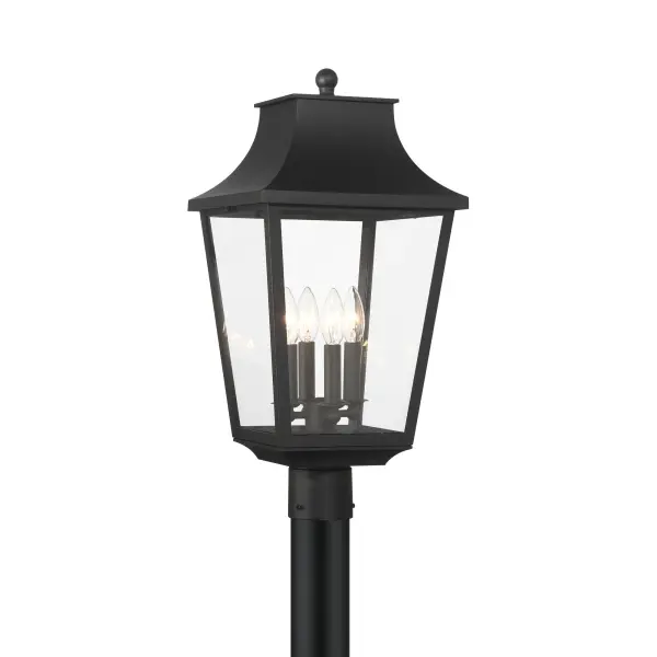 The Altimeter post mount combines contemporary design with durable aluminum construction and clear glass panels. Its 4-light configuration provides ample illumination for outdoor spaces while the Sand Coal Black finish adds modern sophistication.