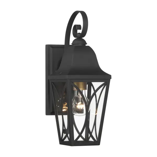 The Cardigan outdoor wall sconce combines traditional styling with industrial accents through its sand coal black and olden brass finish. Clear glass panels showcase the bulb while aluminum construction ensures weather durability.