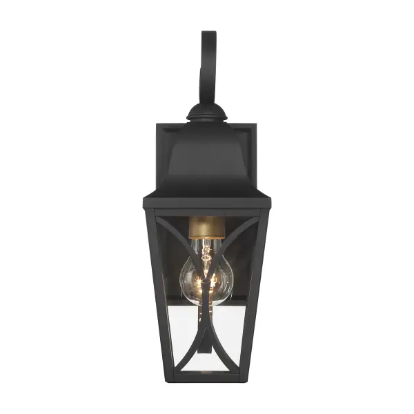 The Cardigan outdoor wall sconce combines traditional styling with industrial accents through its sand coal black and olden brass finish. Clear glass panels showcase the bulb while aluminum construction ensures weather durability. - alternate view