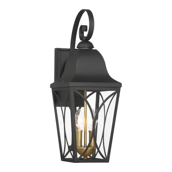 The Cardigan outdoor wall sconce combines traditional design with durable aluminum construction. Its sand coal black and olden brass finish creates visual interest, while clear glass panels provide bright illumination.