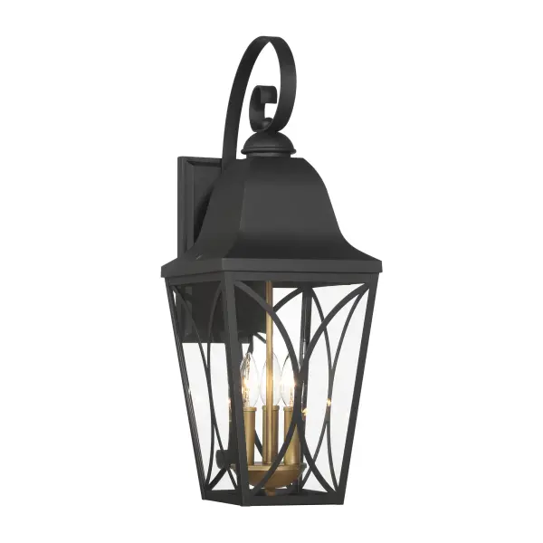 The Cardigan outdoor wall mount combines traditional design with durable aluminum construction and clear glass panels. Its mixed black and brass finish adds sophisticated contrast to exterior spaces.