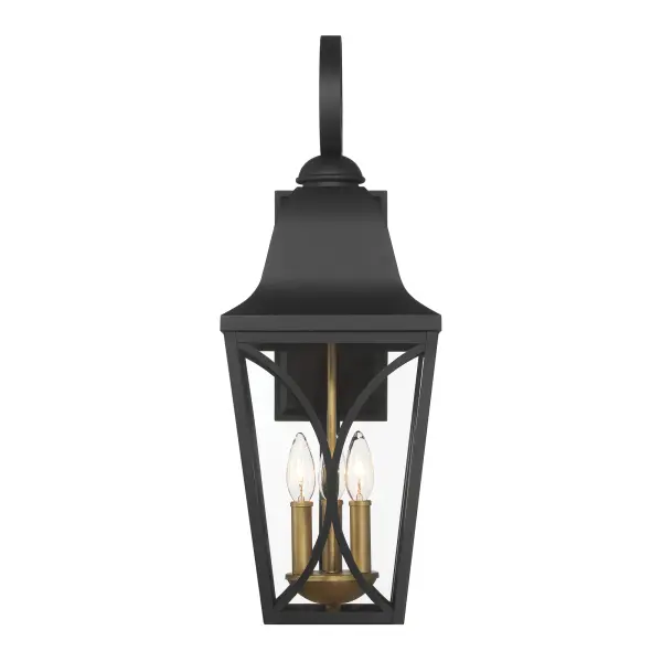 The Cardigan outdoor wall mount combines traditional design with durable aluminum construction and clear glass panels. Its mixed black and brass finish adds sophisticated contrast to exterior spaces. - alternate view