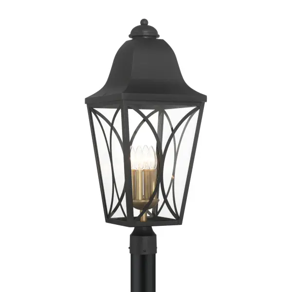 The Cardigan 4-Light Post Mount combines traditional design with durable outdoor construction. Its distinctive two-tone finish of sand coal black and olden brass creates visual interest while clear glass panels maximize light output.