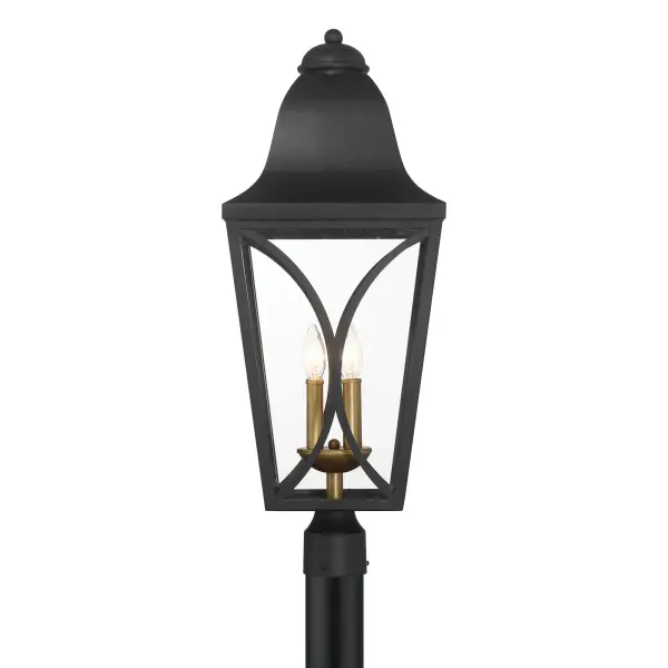 The Cardigan 4-Light Post Mount combines traditional design with durable outdoor construction. Its distinctive two-tone finish of sand coal black and olden brass creates visual interest while clear glass panels maximize light output. - alternate view