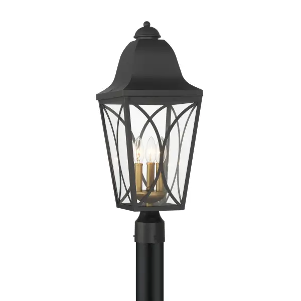 The Cardigan outdoor post mount combines traditional styling with a distinctive two-tone finish. Its 24-inch height and clear glass panels provide excellent illumination for pathways and entryways.