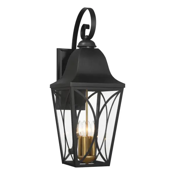 The Cardigan 4-Light Outdoor Wall Mount combines traditional elegance with durable outdoor construction. Its 30-inch height makes a bold statement, while the Sand Coal Black and Olden Brass finish adds sophisticated contrast.