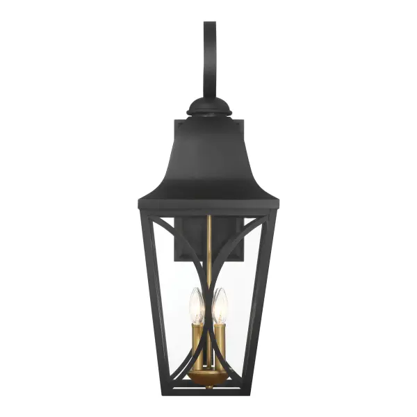 The Cardigan 4-Light Outdoor Wall Mount combines traditional elegance with durable outdoor construction. Its 30-inch height makes a bold statement, while the Sand Coal Black and Olden Brass finish adds sophisticated contrast. - alternate view