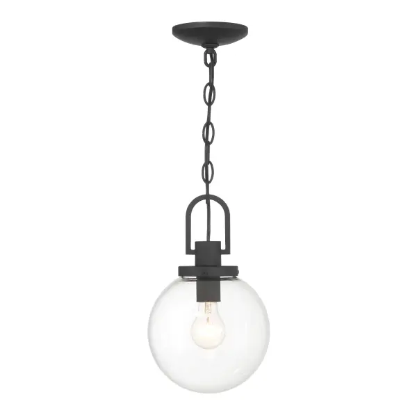 The Wenston pendant combines sleek aluminum construction with clear glass in a sand coal black finish. Its compact 8-inch width makes it ideal for smaller outdoor spaces while the 72-inch adjustable chain offers installation flexibility. - alternate view