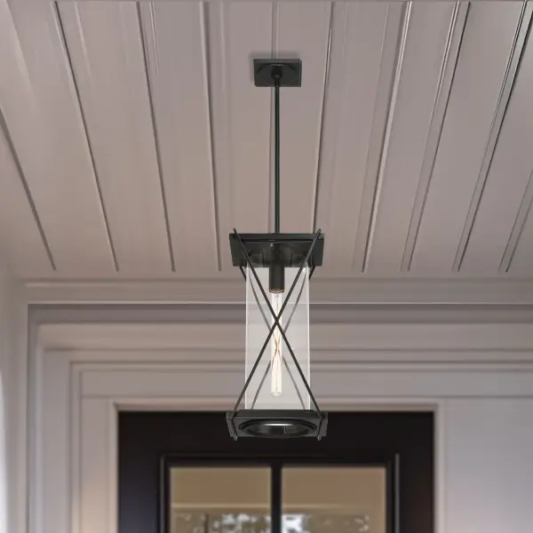 The Rockhill outdoor pendant combines contemporary design with weather-resistant aluminum construction. Its compact 9.5" width and clear glass shade make it ideal for covered outdoor spaces and entryways. - alternate view