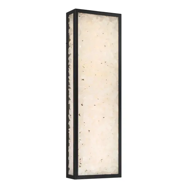 The Salt Creek LED wall sconce delivers impressive 2434 lumens with 95 CRI in a striking coal black finish. Its substantial 32-inch height and unique acrylic quartz rock shade create dramatic architectural impact for modern exteriors.