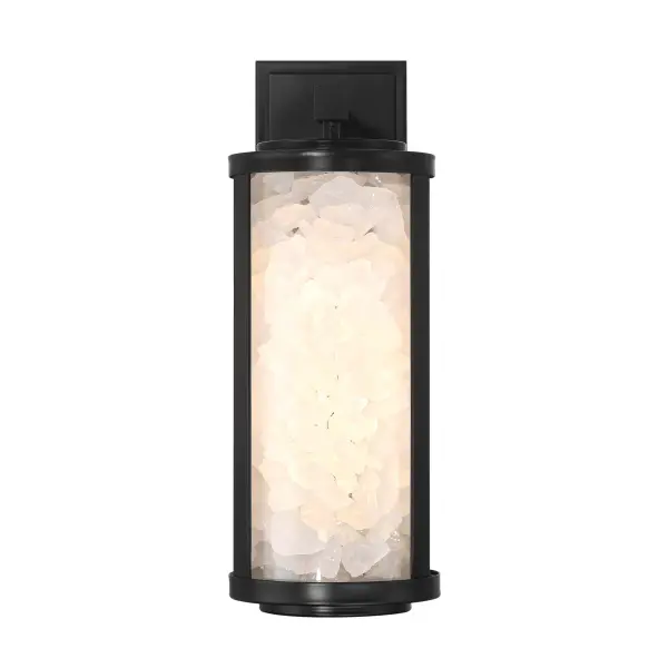 The Salt Creek outdoor wall sconce combines contemporary styling with high-performance LED technology. Its coal black finish and unique acrylic quartz rock shade create dramatic visual interest while delivering 1305 lumens of bright, dimmable light. - alternate view
